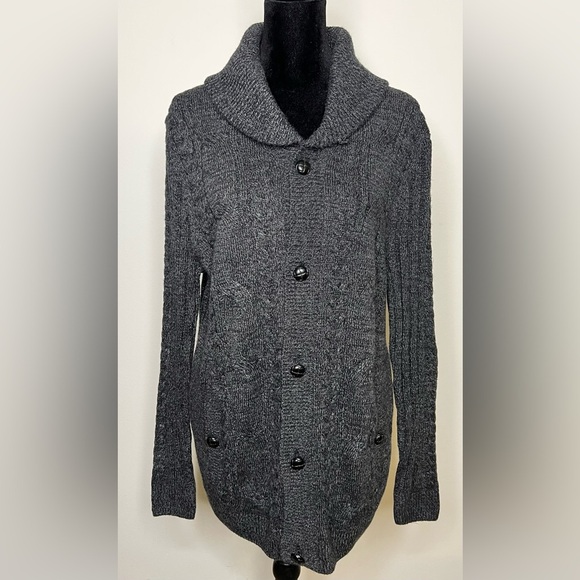 NWT Tasso Elba wool blend cable knit long sleeve cardigan faux leather button. S - Picture 1 of 8